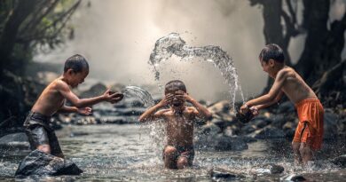 children, river, water