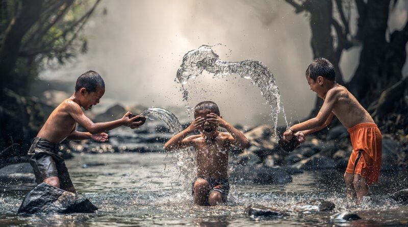 children, river, water